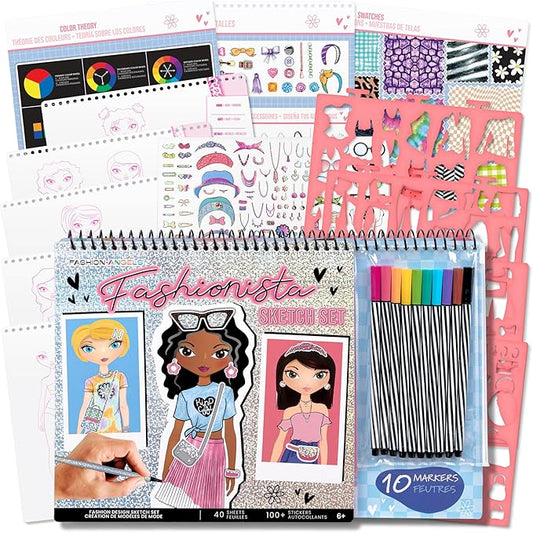 Fashion Angels Fashionista Design Sketch Book Set, Includes Sketch Pad with Stencils, Stickers & Instructions for Inspiration, Ideal Drawing Kit for Kids