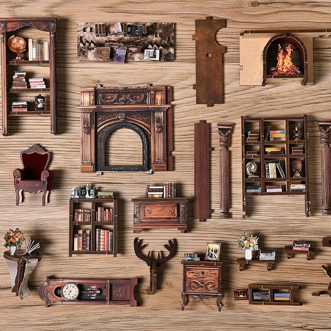 DIY Miniature House Kit, Library Book Nook Kit, 3D Wooden Puzzles Bookshelf Craft Kits, Dollhouse Kit with LED Light, Mini Building Kit for Adults Teen to Build (Twilight Library)