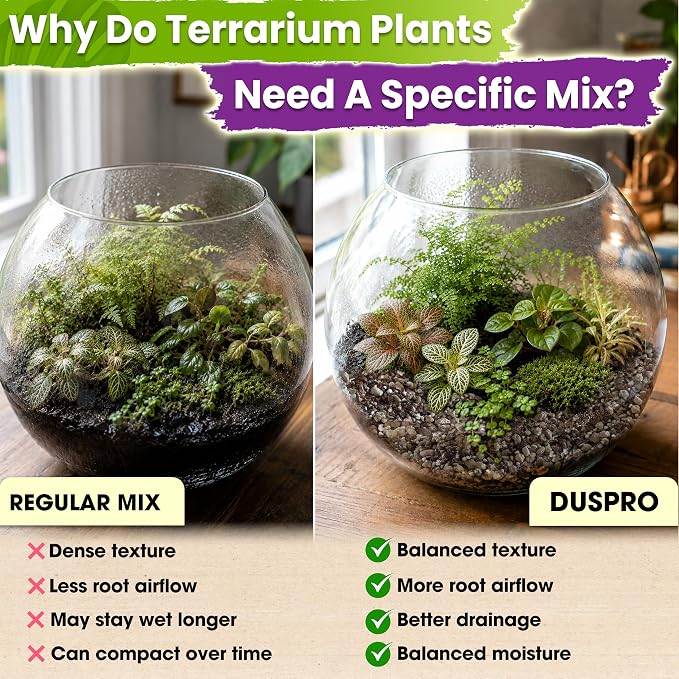 DUSPRO Premium 6in1 Terrarium Soil Mix – Pre-Mixed Terrarium Substrate Mix for Terrariums, Balanced Moisture Growing Medium with Coco Coir, Peat Moss, Pine Bark, Perlite, Pumice & Zeolite 8QRT