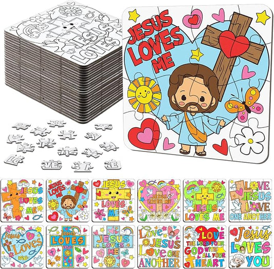 Realspring 24 Pack Religious Jesus Loves Me Color Your Own Jigsaw Puzzles for Kids 3-5, 4-6, 6-8, Coloring Crafts DIY Paper Puzzles Party Favors Gifts for Toddler Children Learning Education Toys