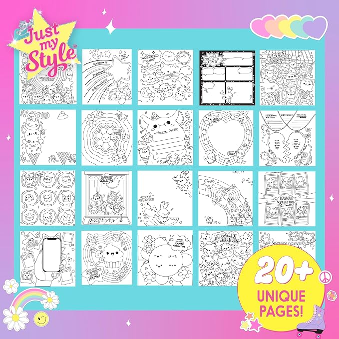Just My Style 3D-Style Activity Book, 30 Pages of Coloring Activities, Includes Sticker, Glitter-Filled Pen, & Bonus Flower Keychain, Squishy 3D Cover, Drawing Pad for Kids, Sketchbook for Drawing