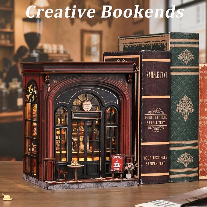 ISSEVE Coffee Shop Book Nook Kit for Adults with LED Light, Bookshelf Decor | DIY Miniature Dollhouse, Book Ends Decor, Gifts for Book Lovers Women Family Friends, Holiday Gift, 3D Wooden Puzzle