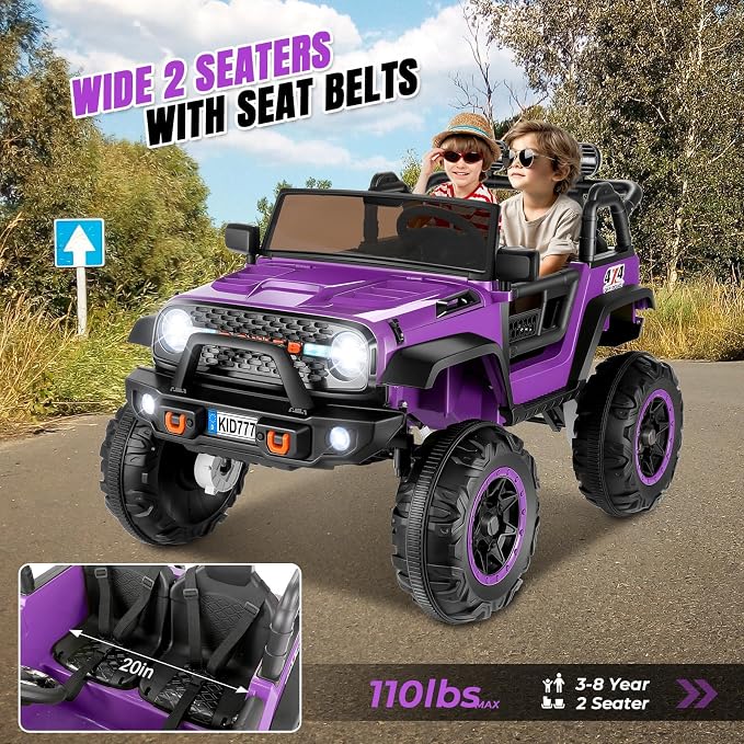 Hikole 24 Volt 4WD/2WD Switchable Ride on Toy Car, 2 Seater Battery Powered Car for Big Kids with Remote Control, 4X100W Power Car Wheels for Girls, Music, 20" Wide Seat, LED Lights -Purple