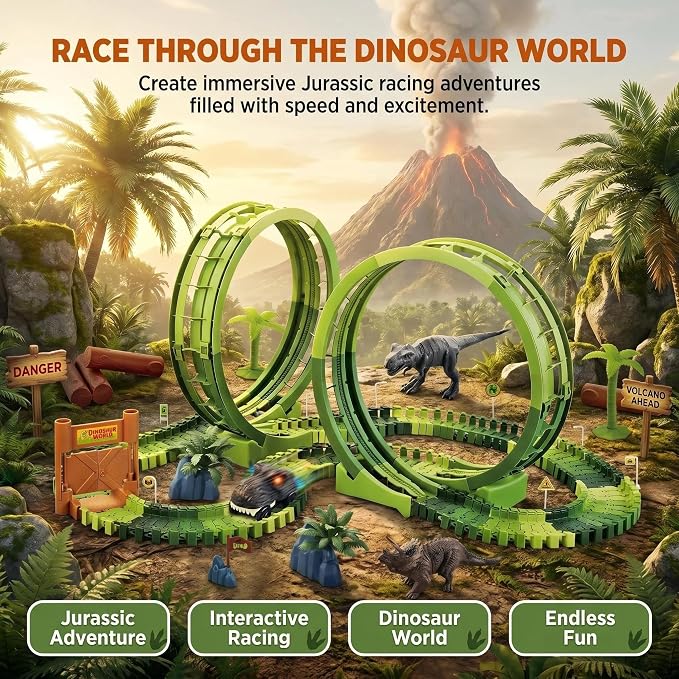 Dinosaur Race Track Toys for Boys 3-5, Double Loop Dinosaur Car Track Set, Flexible Adventure Race Track Playset for Boys Age 4-7 Birthday Gifts