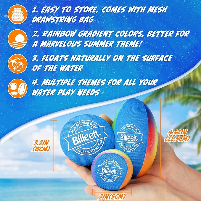 Billeeit 5PCS Water Skipping Balls Set for Pool, Beach & Lake Play, Floating TPR Bounce Balls and Water Discs with Mesh Bag for Kids 3+ and Adults