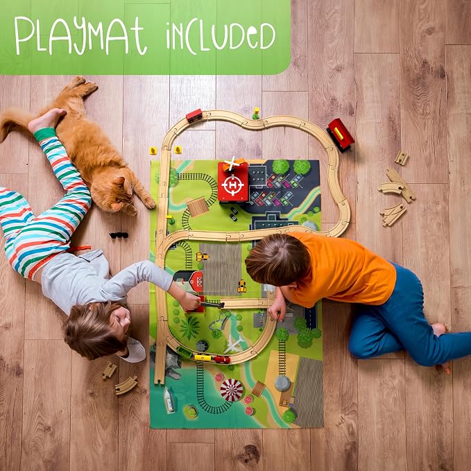 KipiPol Wooden Train Tracks Set - 52 pcs+Bonus Railroad Map –Compatible W All Major Wooden Railway Toy Brands Including: Thomas The Train Track Set, Brio Train, Melissa and Doug Train Set for Kids 3+