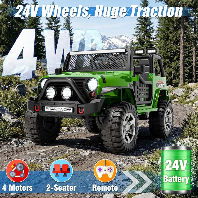 24V 4WD Ride on Truck Car w/800W Motors, 2 Seater, Remote Control, Gift Flower, 3 Speeds, Pop Music, Power 4 Wheels, 24 Volt Ride on Toy Cars for Big Kids Boys Girls, Green