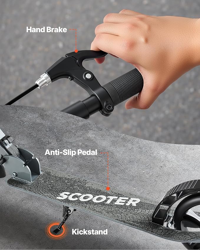 VEVOR Kick Scooter for Kids Ages 8+, Teens & Adults, 2-Wheel Toddler Scooter with Adjustable Height Handlebar, Wide Anti-Slip Deck, Foldable Lightweight Frame for Boys & Girls up to 220 lbs, Gray