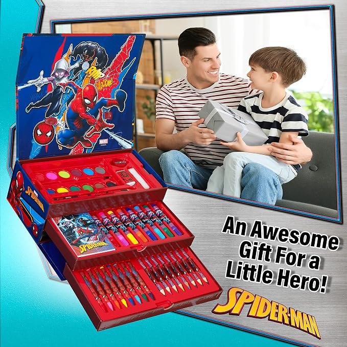 Marvel Art Case for Kids with Colored Pencils Markers Crayons Watercolors Drawing Supplies Travel Art Kit Gifts for Kids (Multicolor Spiderman)