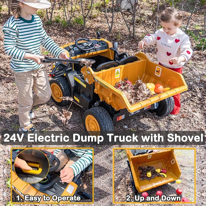 NEWQIDA 24V Ride on Dump Truck, Electric Car for Kids with Remote Control, Kids Ride on Toys Construction Vehicles w/Electric Dump Bed, Shovel, Powerful Motors, EVA Tires, Soft Start, 2 Seater, Yellow