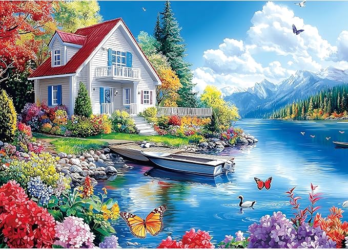 1000 Piece Jigsaw Puzzle for Adults, Lakeside Cottage Mountain House Puzzles for Family, Decoration, Gifts, Party Game, Finished Size 27.5" x 19.7"