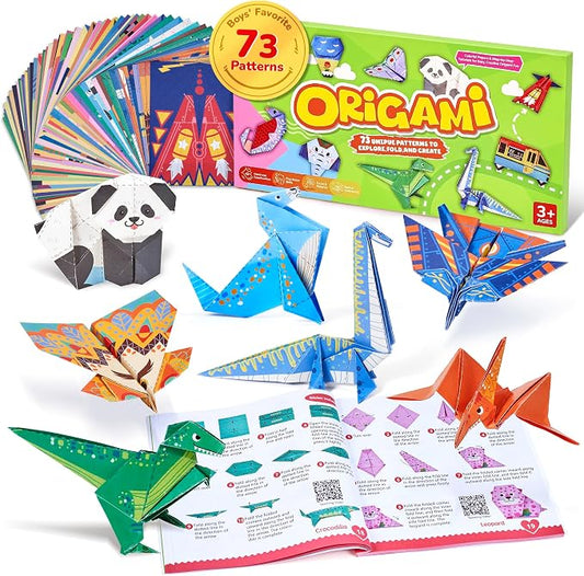 Gamenote Colorful Origami Kit for Kids 72 Projects 180 Double Sided Origami Paper 12 Sheets Practice Papers Instructional Origami Book Origami Gift for 4+ Boys Adult Beginners Training Craft, Dinosaur