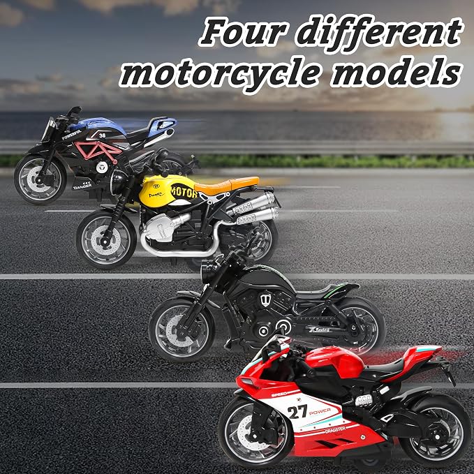 MQDMINI 4-Pack Pull-Back Motorcycle Toys - Friction Powered Kids Toy Cars, Gifts for Boys & Girls Aged 3-12