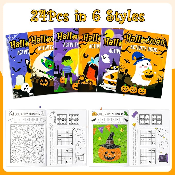 24Pcs Halloween Coloring Book Mini Game Color-in Pages Activity Book Set with Maze Crossword Puzzle Games Theme Party Favors Holiday Event Gift School Classroom Recreation Supplies for Kids