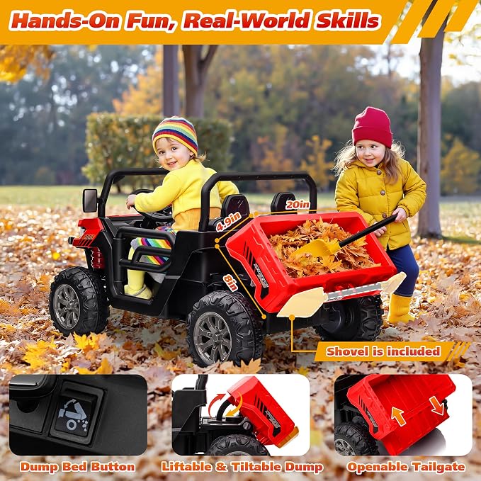 Joyracer 4WD 24 Volt Ride on Toys, 800W Ride on Truck for Kids, 2 Seater Power Car Wheels w/Dump Bed & Shovel, Ride on UTV w/Remote Control, Bluetooth, LED Lights, Red