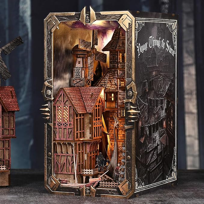 fifijoy DIY Viking Book Nook Kit, Miniature House Dollhouse Kit for Adult and Teens, Booknook Bookend Tiny House Model Build Bookshelf Insert Decor 3D Wooden Puzzle, Gifts for Family, Friends