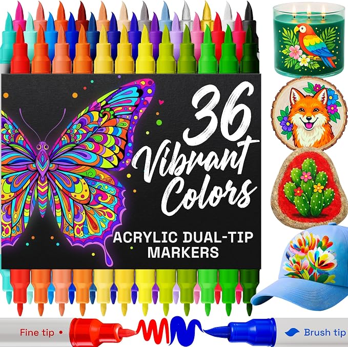 ARTISTRO 36 Acrylic Paint Markers - Paint Pens for Glass Marking, Rock Painting, Ceramic, Wood, Fabric, DIY, Craft, Canvas - Art and Craft Supplies for Adults, Teens, Kids (Brush + Fine Tips)