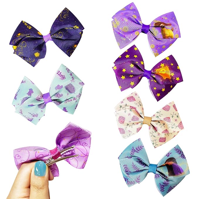 Disney Wish Kids Hair Bows - Hair Accessories Set - 7 Pcs 4 Inch Bow Bundle - Hair Bows for Girls - Different print on each clip - Alligator Clip - Ages 3+