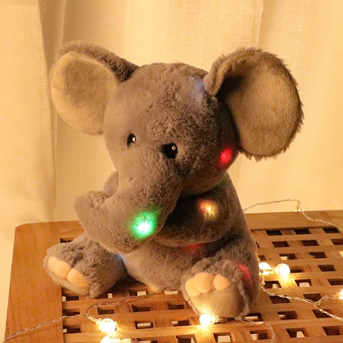 Hopearl LED Plush Elephant Lighting Up Stuffed Animal Floppy Night Lights Glow in The Dark Birthday Festival for Kids Toddler Girls, Gray, 11''