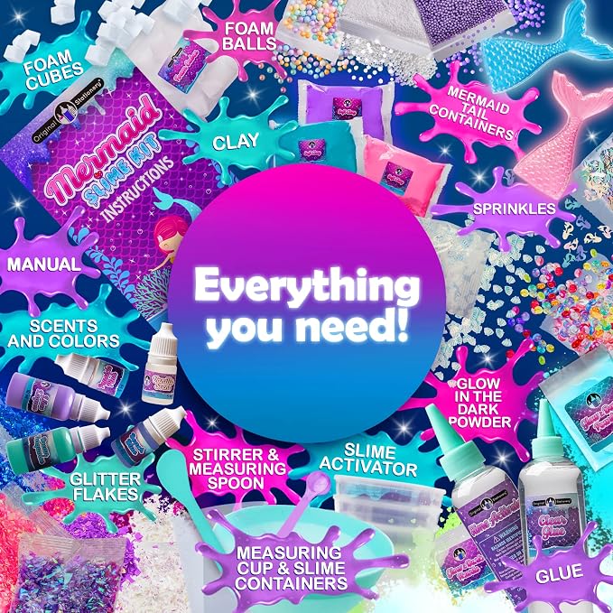 Original Stationery Mermaid Slime Kit - 35-Piece Multicolor Set, Ages 7+ - Glow-in-The-Dark Butter & Glitter Mix with Foam Cubes & Mermaid Tail Add-Ins - DIY Slime Making Kit for Kids & Girls