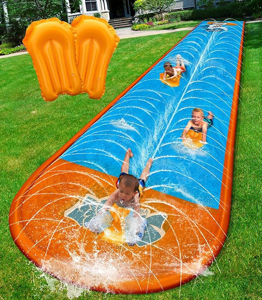 Spring Water Slip and Water Slide, 32ft *2 Lanes Slip Water Slides for Kids Backyards Ages 5-8 8-12 with Sprinkler and Inflatable Bodyboards, Summer Water Fun Toy for Outdoor Lawn Games Play