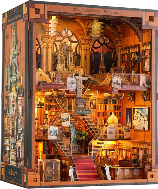 Book Nook Library kit - DIY Miniature House Kit for Adults & Teens, Dollhouse Booknook Bookshelf Insert Decor with LED Light, Unique Gift for Family, Friends（Window of the World）