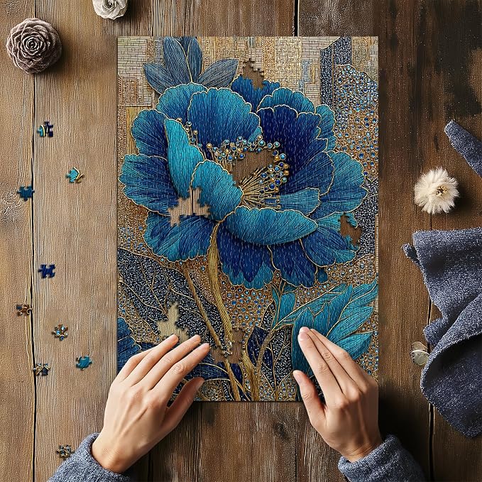 Blue Flower Puzzles for Adults 1000 Pieces, Beautiful Vintage Elegant Floral Jigsaw Puzzles, Diamond Aesthetic Art Plant Theme Puzzle Challenge for Adults Artistic