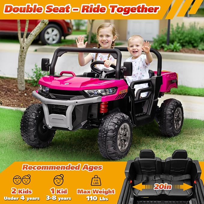 Joyracer 4WD 24 Volt Ride on Toys, 800W Ride on Truck for Kids, 2 Seater Power Car Wheels w/Dump Bed & Shovel, Ride on UTV w/Remote Control, Bluetooth, LED Lights, Pink