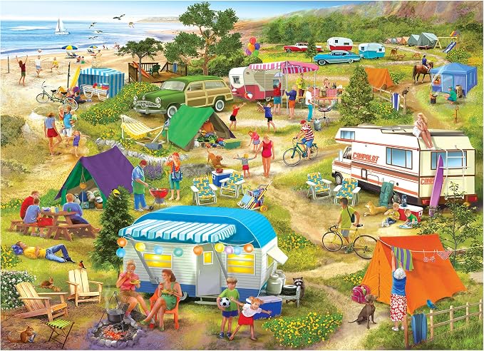 RoseArt - Chris Bigelow Country - Seaside Cramped Grounds 1000 Piece Jigsaw Puzzle, Colorful Beach Camping Scene– Adult Puzzle – Finished Size 26.625 x 19.25, Made in USA
