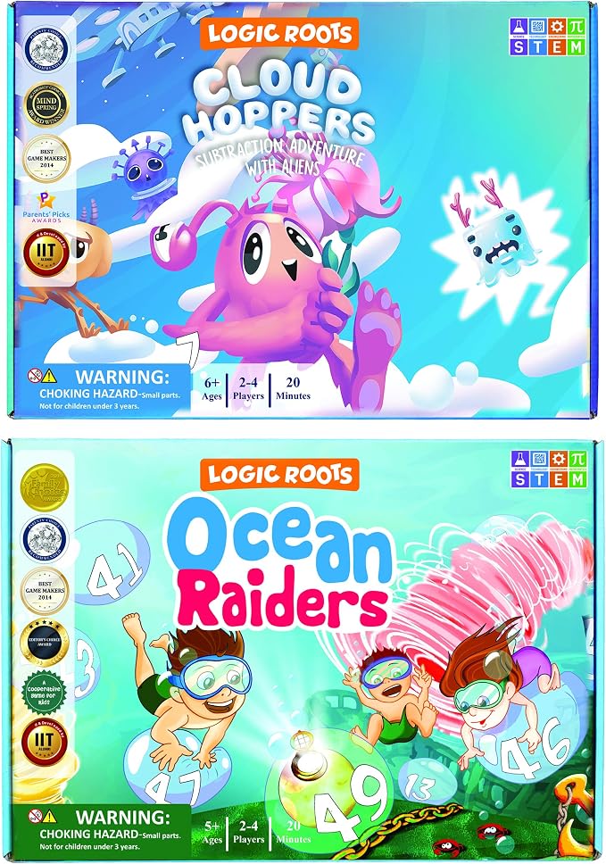Addition and Subtraction Game - Fun Math Board Game for 6-8 Year Olds, Easy to Play Educational Game for Kids at Home, STEM Toy Gift for Girls & Boys (Ocean Raiders + Cloud Hoppers)