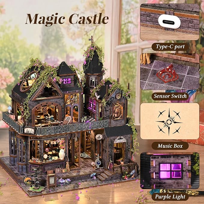 DIY Miniature House Kit, Dollhouse Magic City Gothic Witch House for Adults to Build, Birthday/Christmas Day Gift for Family and Friends, Prefab Tiny Home with LED Lights,Magic Castle