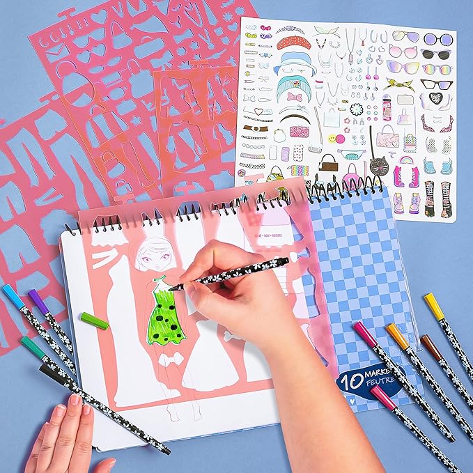 Fashion Angels Fashionista Design Sketch Book Set, Includes Sketch Pad with Stencils, Stickers & Instructions for Inspiration, Ideal Drawing Kit for Kids