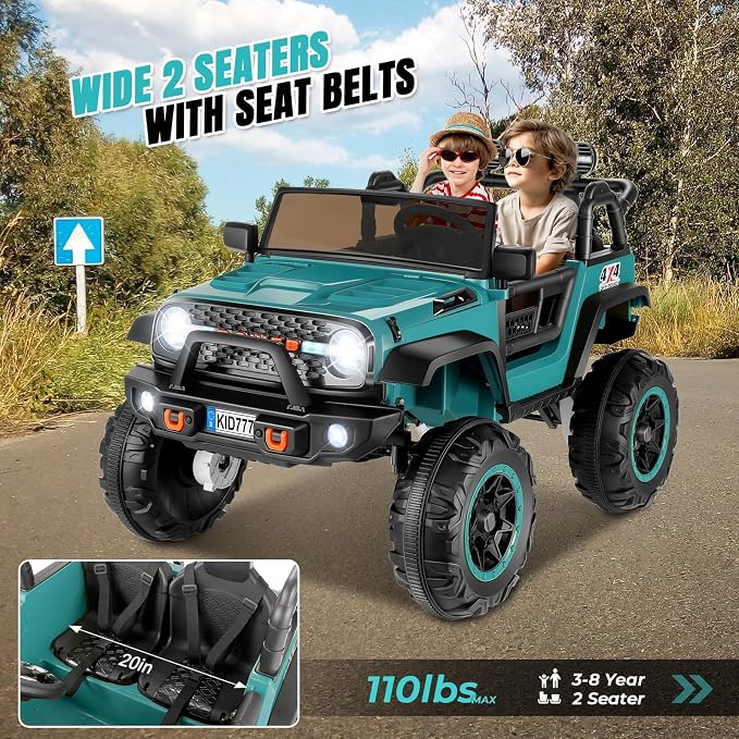 Hikole Two Seater Kids Ride on Car with Remote Control, 4WD/2WD Switchable Truck, 20" Spacious Seat, 4xSpring Suspension, Music, 4x75W 5.9MPH, 24 Volt Electric Car for Big Kids - Teal