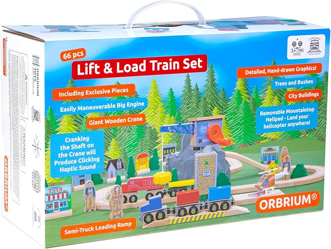 Wooden Train Set Kids Lift & Load Magnetic Crane Helicopter Semi Truck Shipping Containers Diesel Engine STEM Construction Playset Compatible with Thomas Brio Wooden Railway Toy for Toddlers Starter