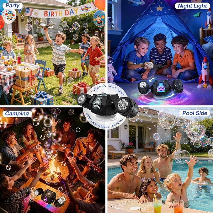 cossy Rechargeable Bubble Machine, 360° Automatic Rotation Bubble Machine for Kids, Bubble Maker with Remote Control, RGB Lights & 20000+ Bubbles Per Minute, Outdoor Toys Games for Kids/Adults (Black)