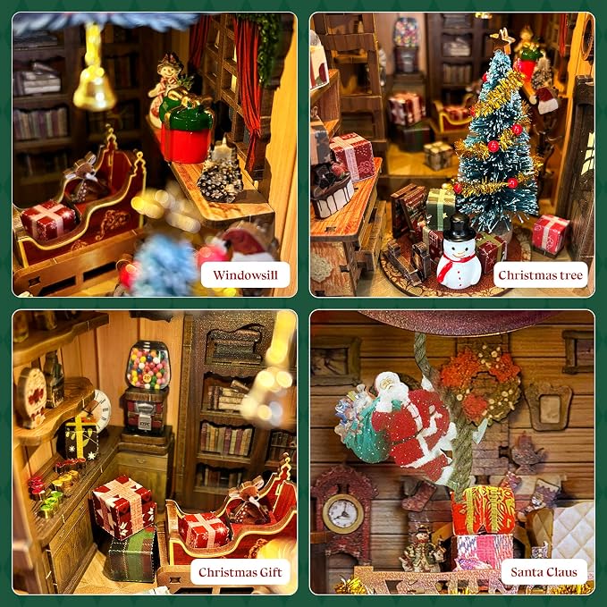 Christmas Book Nook Kit with LED Light - DIY 3D Puzzles Miniature House Kit Rotating Decorative Dollhouse Book Nooks for Adults Teens Gift - Jingle Cabin (SQ-34)