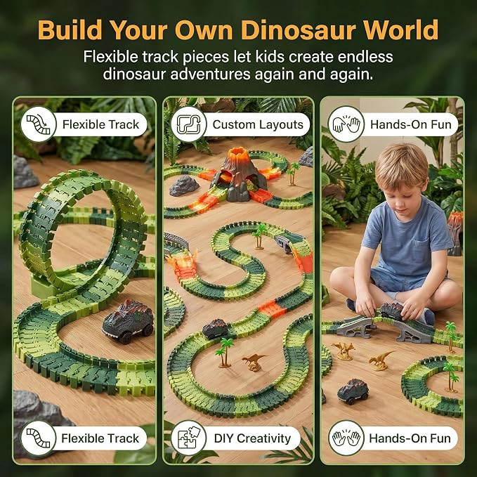 Dinosaur Race Track Toys for Boys 3-5, Flexible Car Track Set with Giant Loop, Dinosaur Adventure Race Cars Playset for Boys Age 4-7 Birthday Gifts