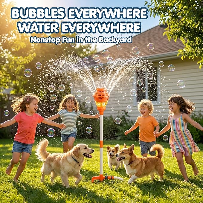 2-in-1 Standing Bubble Machine & Water Sprinkler for Kids, Battery Operated with Lights Music, Summer Outdoor Backyard Water Toy for Boys Girls Age 3+