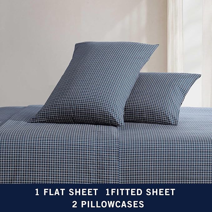 Nautica - Queen Sheets, Premium Cotton Percale Bedding Set, Plaid Home Decor, Oeko-Tex Certified (Reece Plaid Navy, Queen)