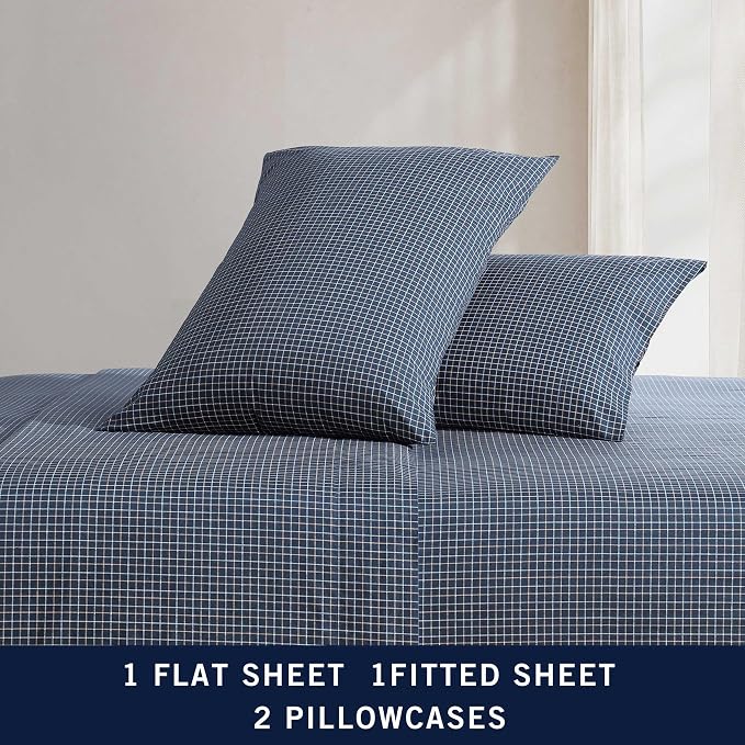 Nautica – Full Size Sheet Set, Crisp Cotton Percale Bedding with Matching Pillowcases, Lightweight & Breathable Bed Sheets, Deep Pocket, College Dorm Room Essentials (Reece Plaid Blue)