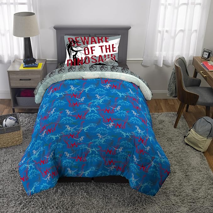Jurassic World Dominion Blue Velociraptor and Rexy T-Rex Super Soft Microfiber Reversible Comforter, Twin Size, Bedding by Franco Kids