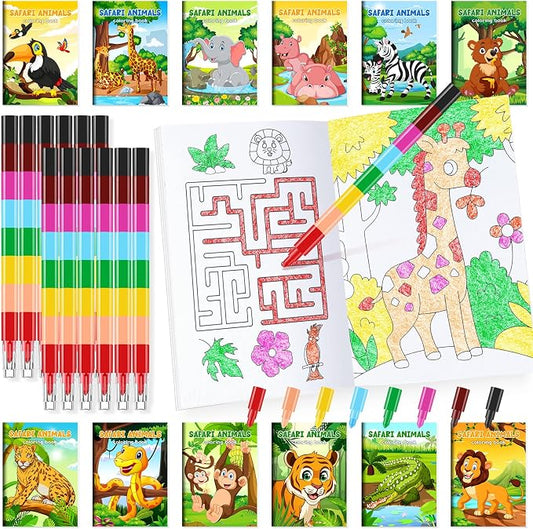 BenLouis 24 Jungle Safari Mini Coloring Books Kids with 24 Stacking Crayons Zoo Animals Party Favors Activity Books Bulk for Kids Wild One Lion Goodie Bag Gift Stuffer Classroom Reward