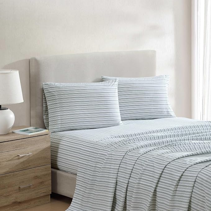 Nautica - Twin XL Bed Sheets, Lightweight Cotton Percale Bedding Set with Matching Pillowcase, Crisp & Cool, Dorm Essentials, Oeko-Tex Certified (Coleridge Stripe Green)