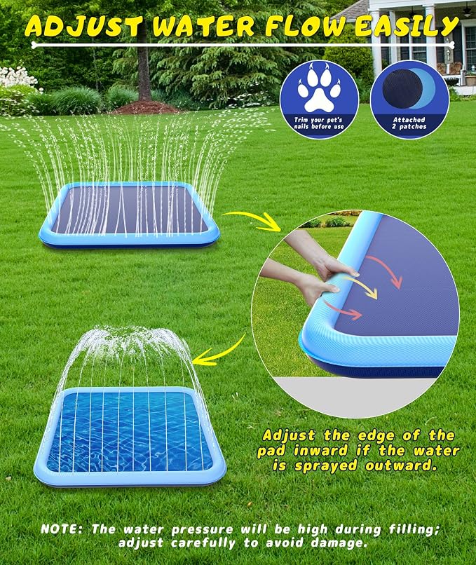 EPN Splash Pad, 127"- 90.5" Size Extra Large Sprinkler Play Mat for Dogs & Kids, Thicker Wading Pool Summer Outdoor Water Toys, Fun Backyard Fountain Play Pad for 3 Age+ Girls Boys Children & Pets
