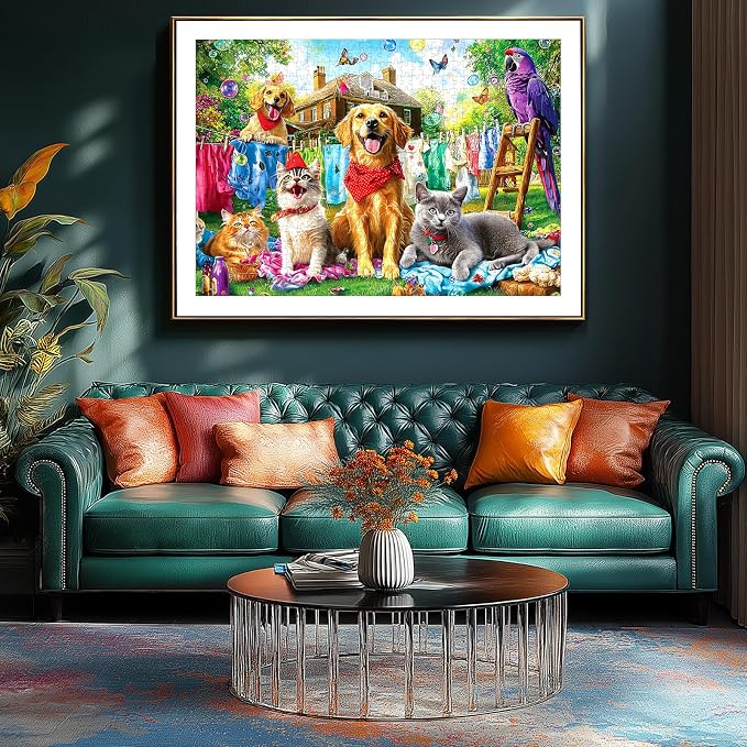 Laundry Day Pets 1000 Piece Jigsaw Puzzle for Adults - Colorful Backyard Garden Scene with Dogs, Cats & Parrot - Playful Animal Challenging & Fun Adult Puzzle - Vibrant Home Décor & Game Night Gift