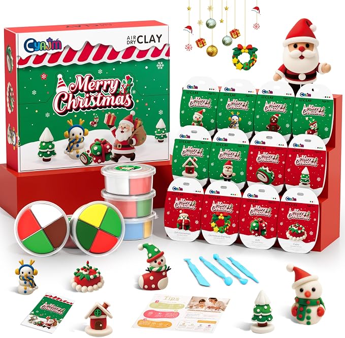 CyaJm Air Dry Clay Christmas Kit - 12 Festive Themed Individual Clay Packs, Non-Toxic Ultra-Light Air Drying Modeling Clay with Tools & Guide, DIY Holiday Craft Gift for Kids Boys Girls Ages 3+