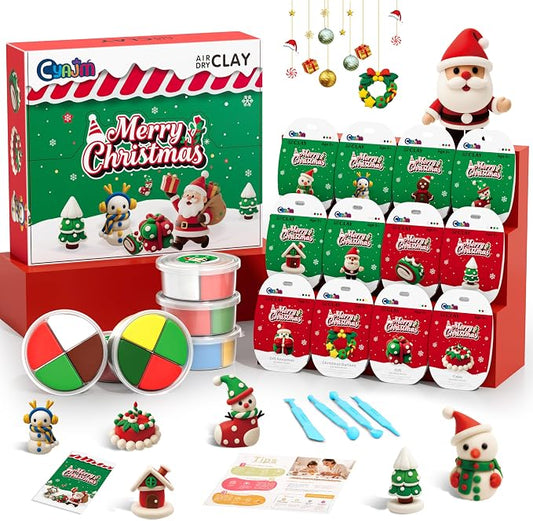 CyaJm Air Dry Clay Christmas Kit - 12 Festive Themed Individual Clay Packs, Non-Toxic Ultra-Light Air Drying Modeling Clay with Tools & Guide, DIY Holiday Craft Gift for Kids Boys Girls Ages 3+