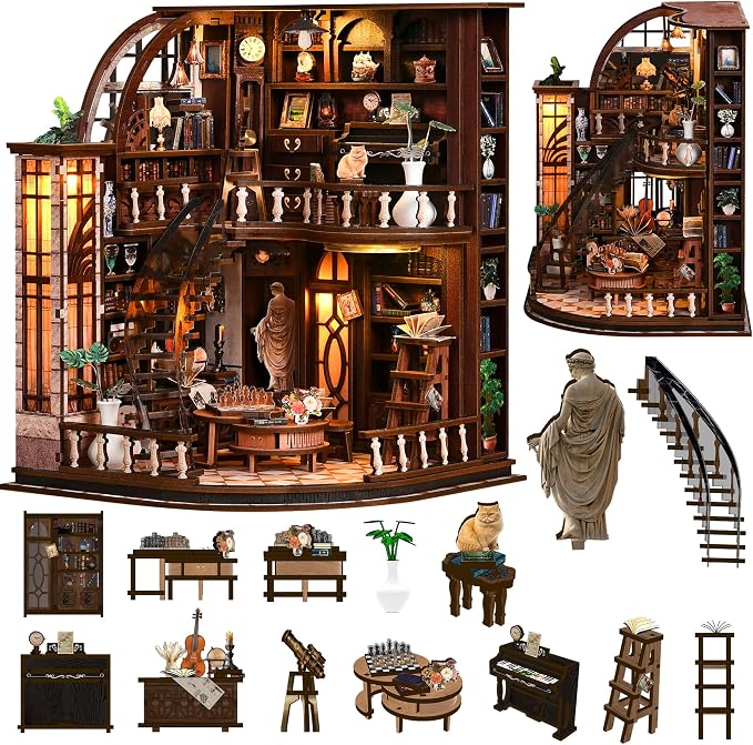 SUNNINO Library Book Nook Kits for Adults, DIY Miniature Dollhouse Bacchus Book Nook Kit, 3D Wooden Puzzle Bookshelf Decor Craft Kits Gift with Led Light for Friend Family