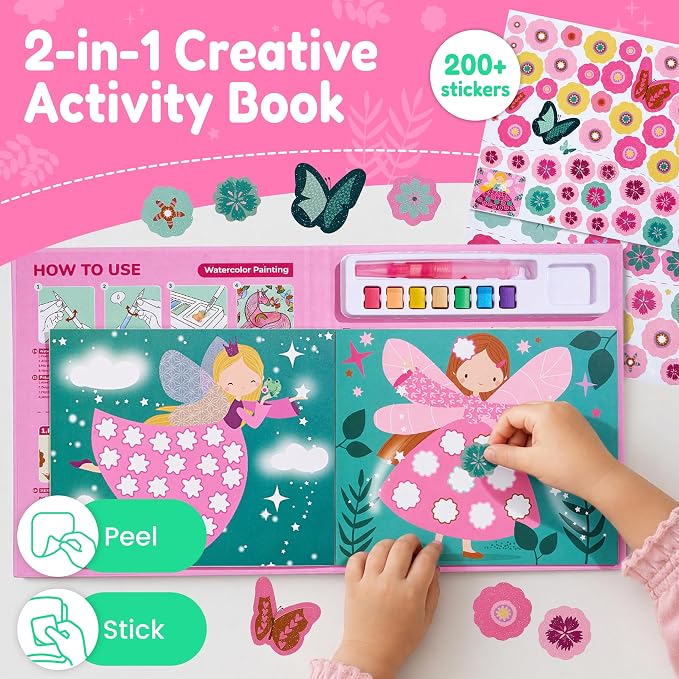JoyCat Paint with Water Coloring Books & Creative Sticker(Tiny Fairy) | Watercolor & Sticker Activity - 200 Pcs Stickers for Kids, Toddler Painting Set, Art & Craft Travel Toy Gifts for Boys Girls