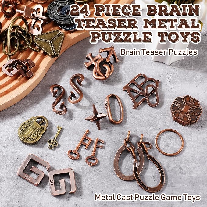 24 Pcs Metal Brain Teaser Puzzles Assortment for Adults Difficult Magic Puzzles Highly Hard Brain Games Iq Logic Test Disentanglement Game for Mind Challenge(Classic)
